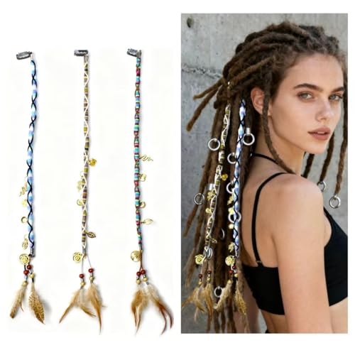3Pcs Clip in Pirate Extensions Hair Accessory - Feather & Beads Pendant Dread Wrap