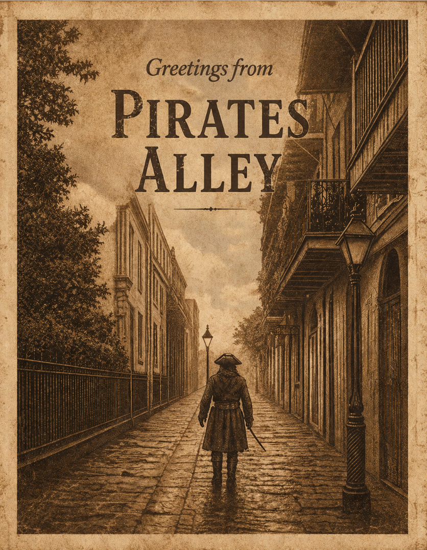 Vintage inspired Pirate postcard -Pirate in Pirates Alley "Greetings from Pirates Alley"