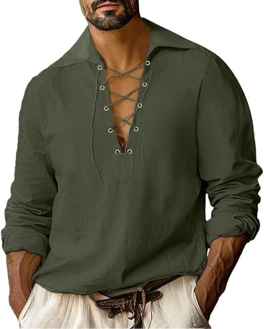 Mens Cotton Linen Shirt Drawstring Green XL