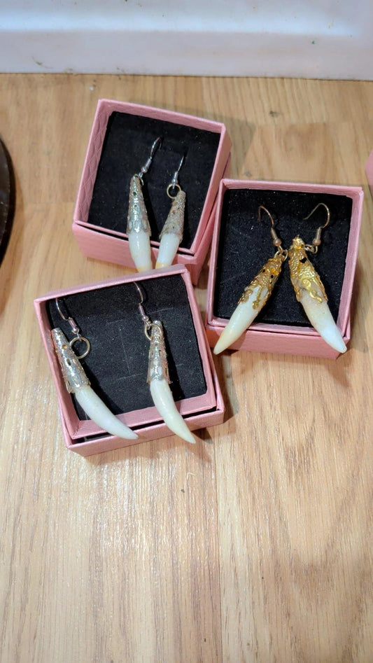 Large Allgator Tooth Earrings, Natural Earth Bone Louisiana Plated