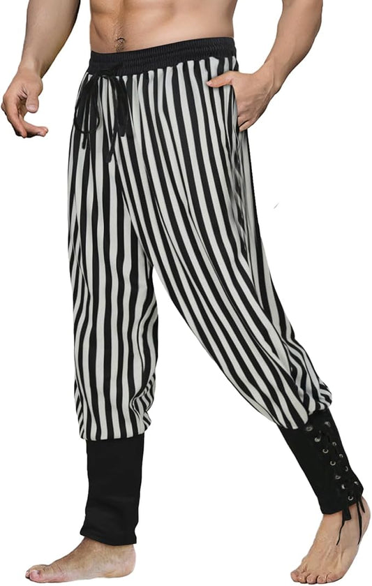 Mens Pirate Pants Linen Black and White Stripes