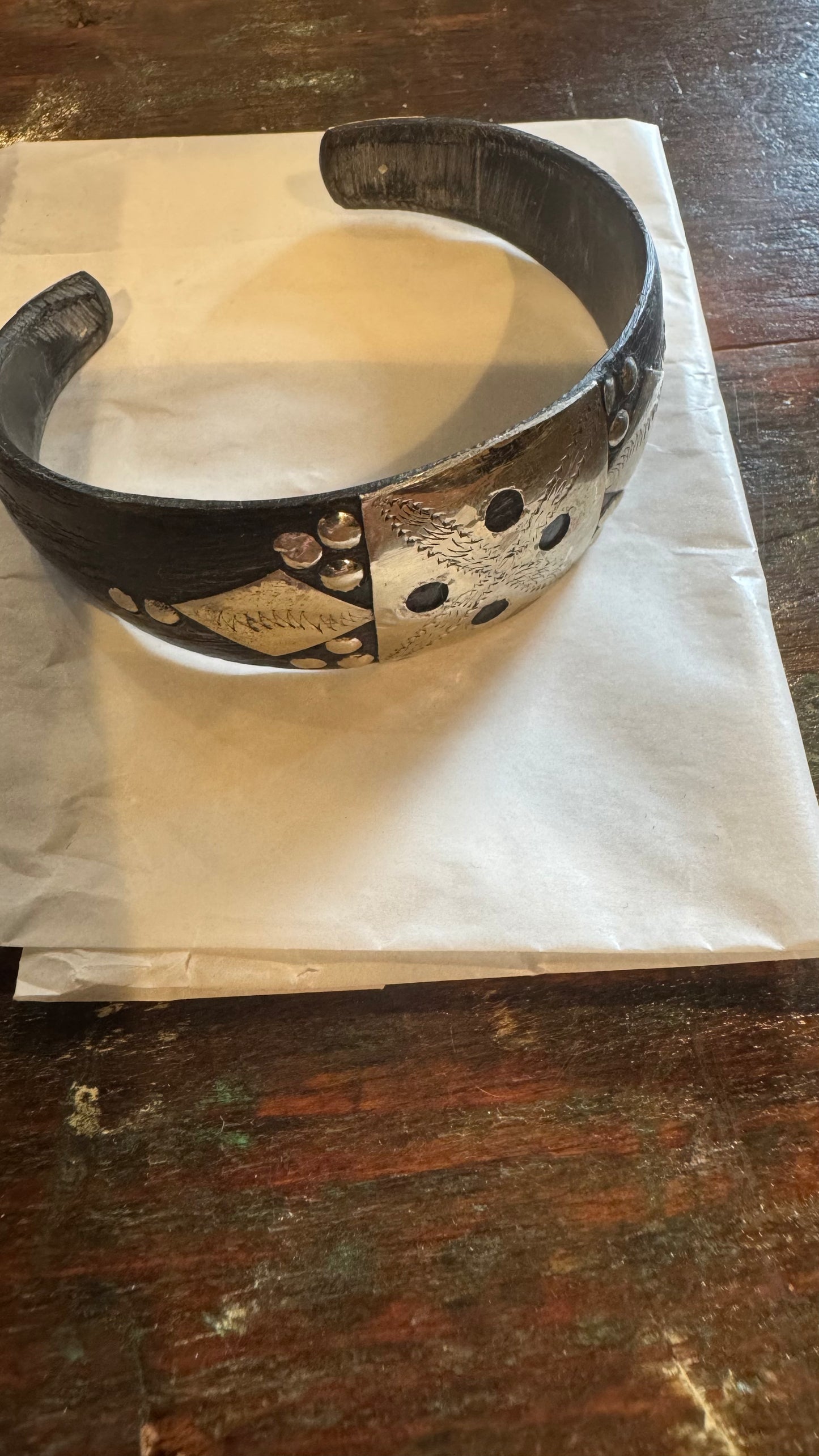 Vintage Handcrafted Moroccan buffalo horn cuff with engraved white-metal Amazigh-inspired accents.