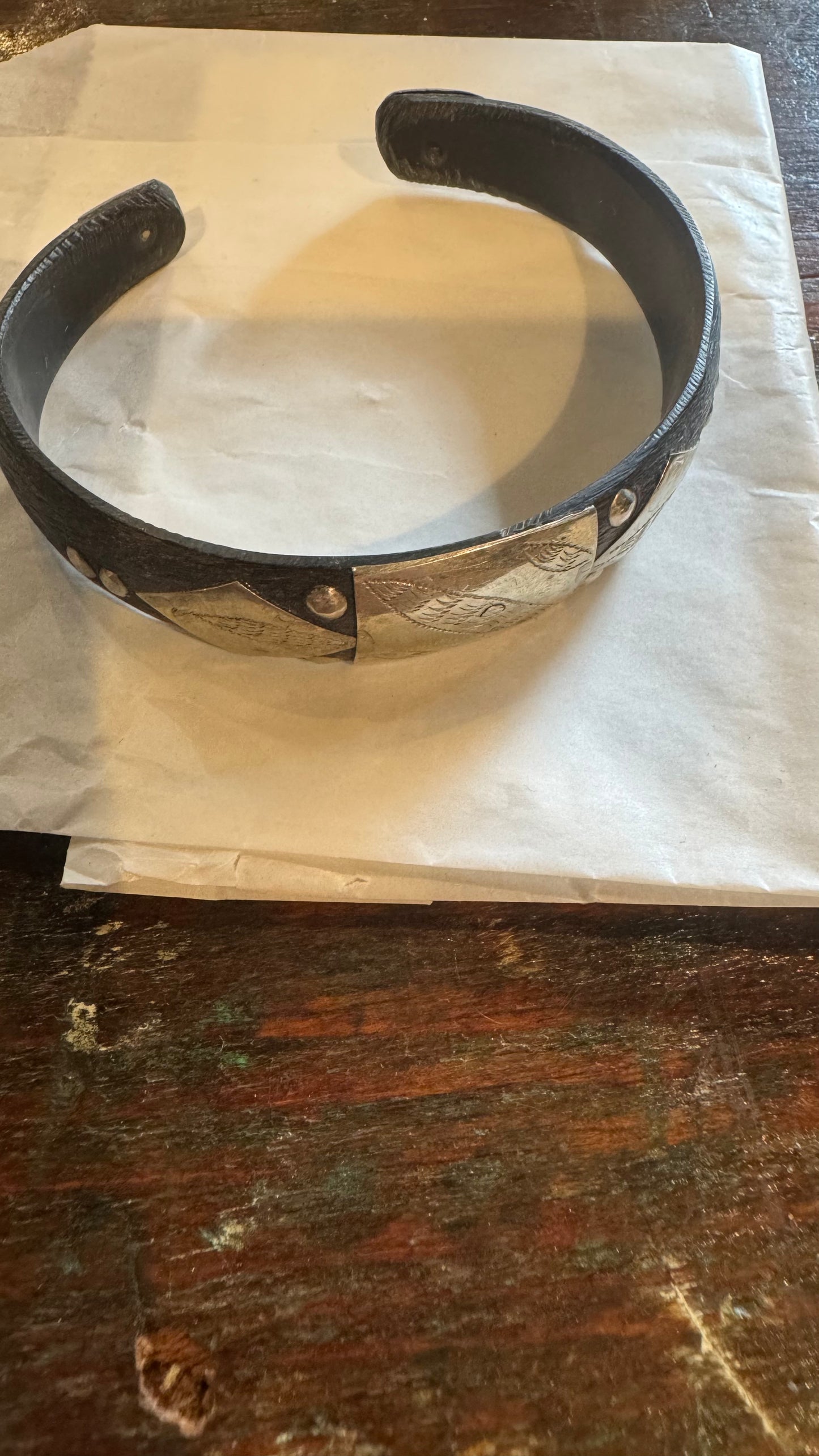 Vintage Handcrafted Moroccan buffalo horn cuff with engraved white-metal Amazigh-inspired accents.