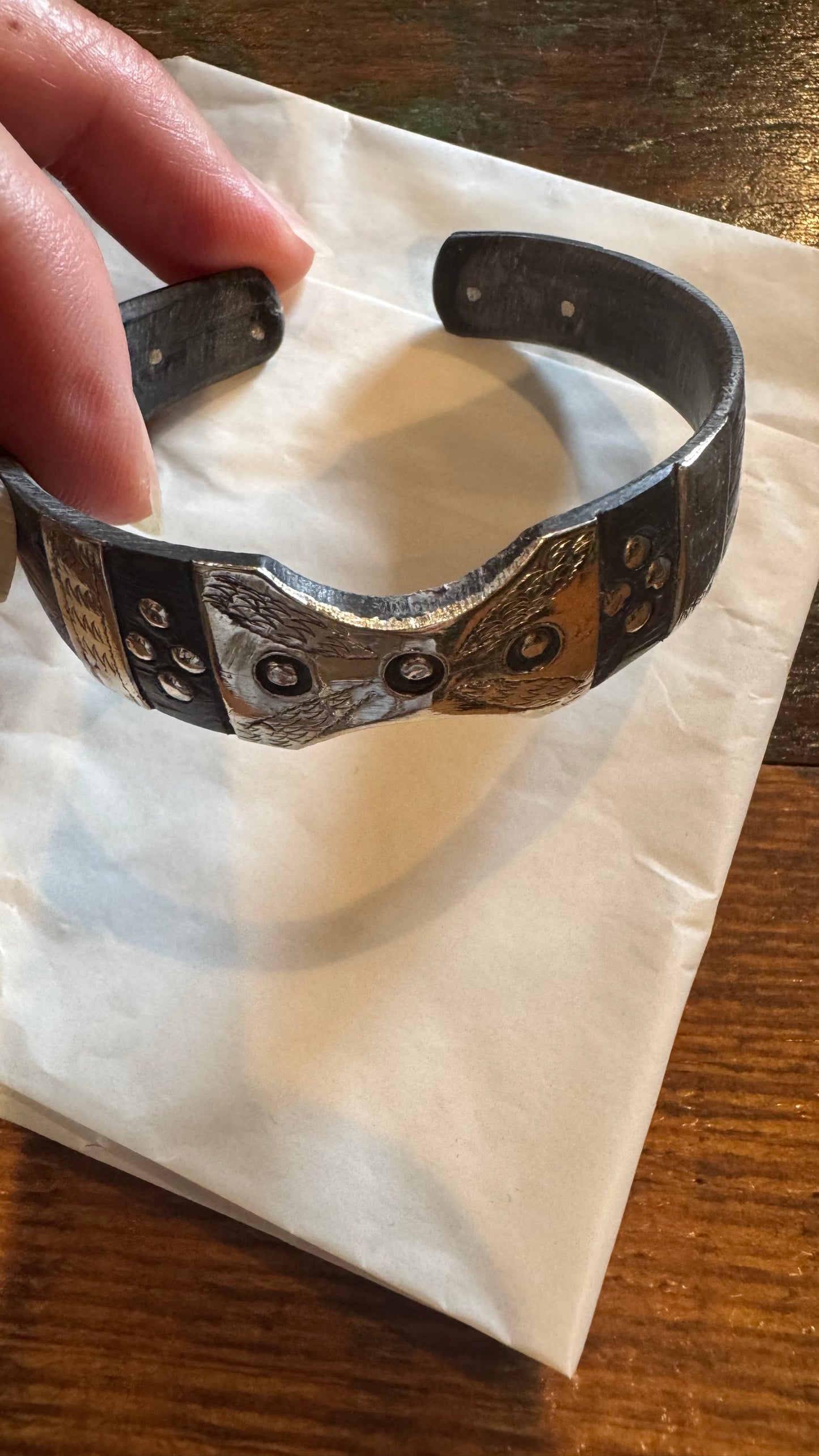 Vintage Handcrafted Moroccan buffalo horn cuff with engraved white-metal Amazigh-inspired accents.