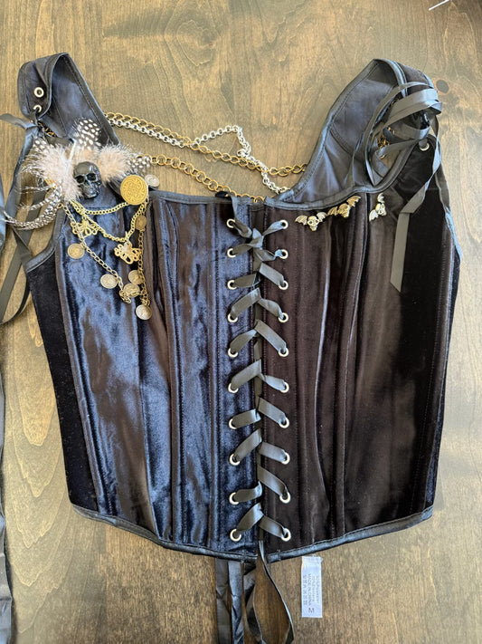 Pirate Designed front lace up corset top #2 adorned with feathers, octopus, coins and bats