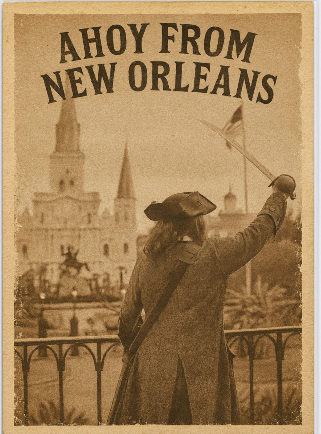 Vintage inspired Pirate postcard -Captain Charging "Ahoy from New Orleans"