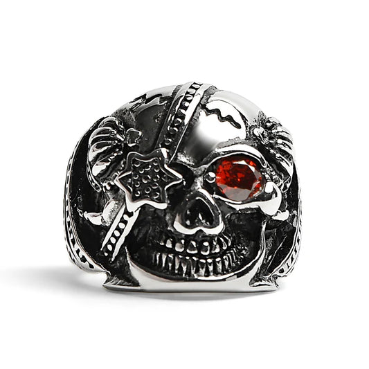 Skull with Red CZ Eye and Eyepatch Stainless Steel Ring