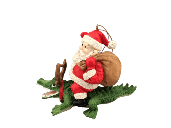 Large White Santa Riding Alligator Ornament